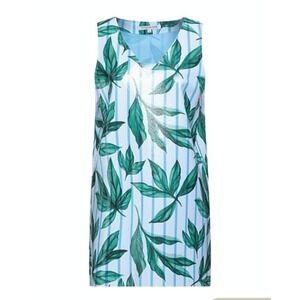 NWT La Fille Des Fleurs Iridescent Mini Shift Dress Blue Stripe Green Leaves, S
